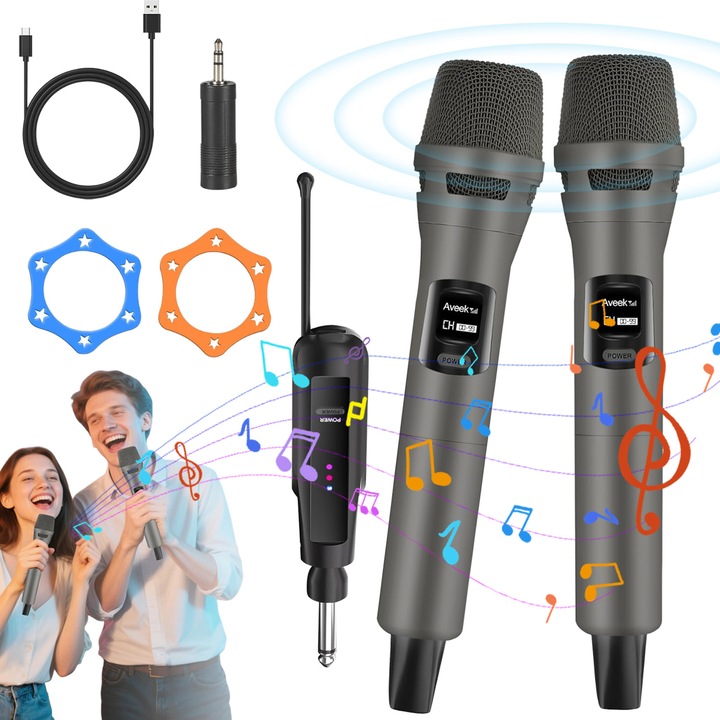 Set 2 microfoane wireless profesionale, Aveek, dinamic, cu Receiver Jack 6,35mm, Baterie reincarcabila, raza actiune 30 m, USB C, pentru Karaoke, Conferinte, petreceri, Gri