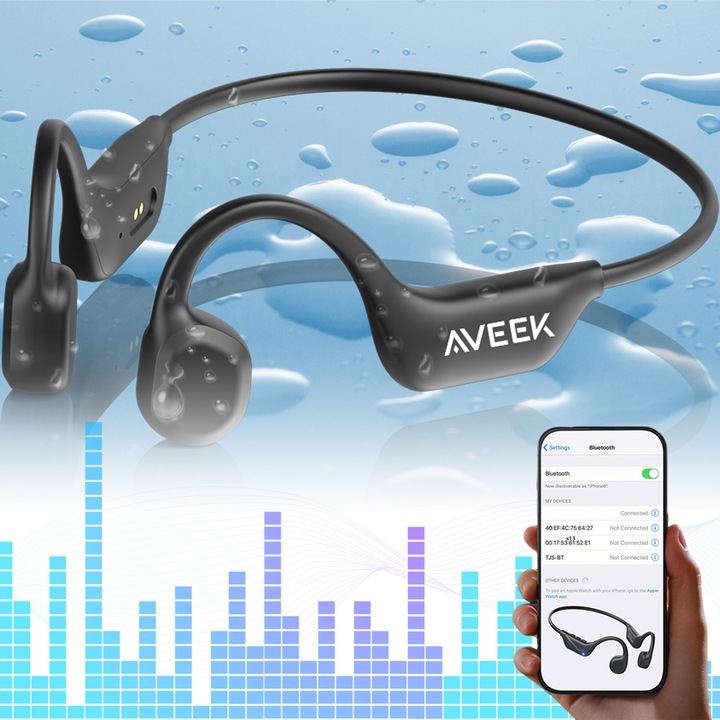 Casti cu Conductie Osoasa, Aveek, Wireless Bluetooth 5.3, IPX5 Rezistente la Apa, Microfon Incorporat, 10 ore de functionare, Incarcare magnetica, pentru ciclism, fitness, alergare, sport, 24g, negre