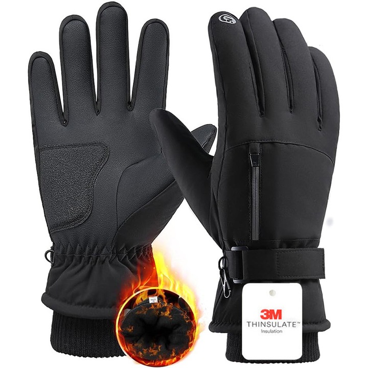 Manusi iarna incalzite, XL, touch screen 10 degete, impermeabile si rezistente la vant, pentru schi in aer liber iarna, calarie, lucru, anti-alunecare, cu captuseala pufoasa, fermoar buzunar, negru