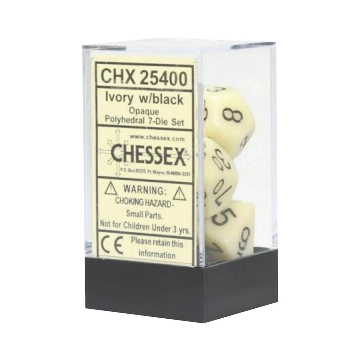 7 darabos Chessex dobókocka készlet, átlátszatlan, sokszögű, elefántcsont/fekete