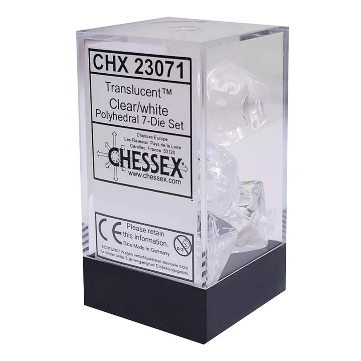 7 darabos Chessex dobókocka készlet, sokszögletű, áttetsző, átlátszó/fehér