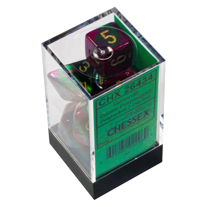 7 darabos Chessex, Gemini, Poliéder, Zöld-Lila/Arany dobókocka készlet