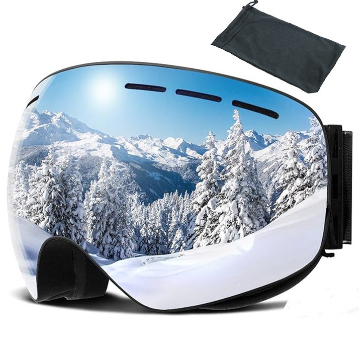 Ochelari protectie ski, fara frontiere, design dublu strat, protectie UV/anti aburire/spargatoare de vant, Un camp vizual mai larg, TPU/Policarbonat, Unisex, pentru snowboard, bungee jumping, motocicleta, Negru