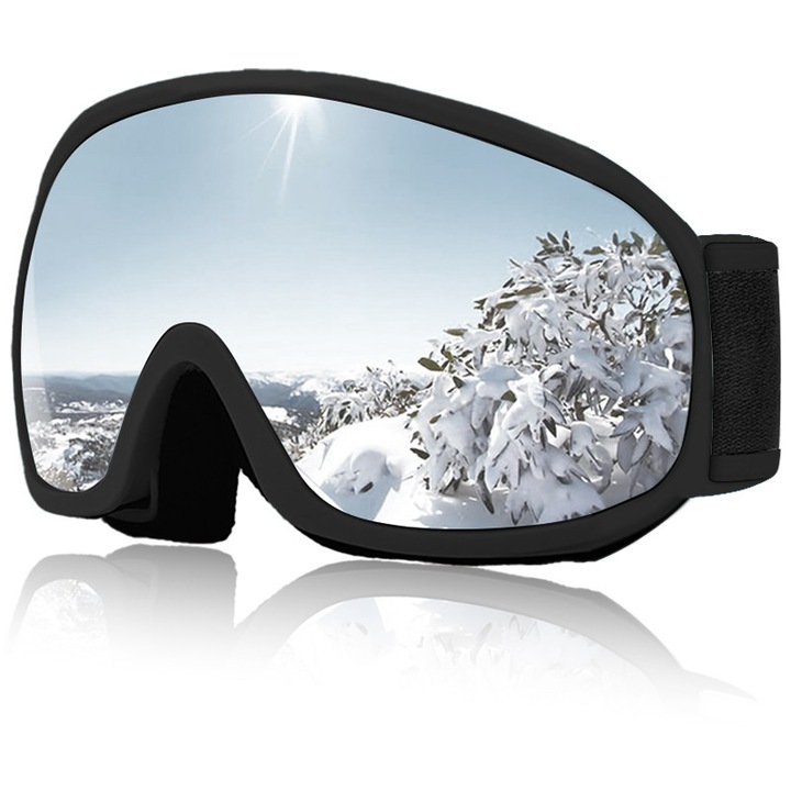 Ochelari protectie ski, design dublu strat, protectie UV/anti aburire/spargatoare de vant, Un camp vizual mai larg, TPU/Policarbonat, Unisex, pentru snowboard, bungee jumping, motocicleta, Negru