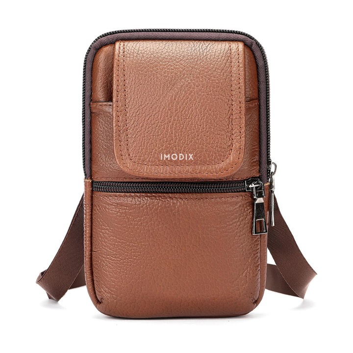 Férfi válltáska valódi bőr pánttal, IMODIX®, 4 rekeszes, méretek 17,5 x 10,5 x 4 cm, modell 7488, barna