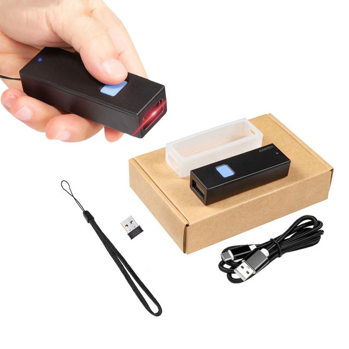 Dussdote hordozható 1D, 2D vonalkódolvasó, lézeres QR-kódolvasó, hordozható, mini, Bluetooth5.0 csatlakozás Android, IOS, Windows, vezeték nélküli csatlakozás, USB újratölthető, fekete, üzletek, szupermarketek, gyógyszertárak számára
