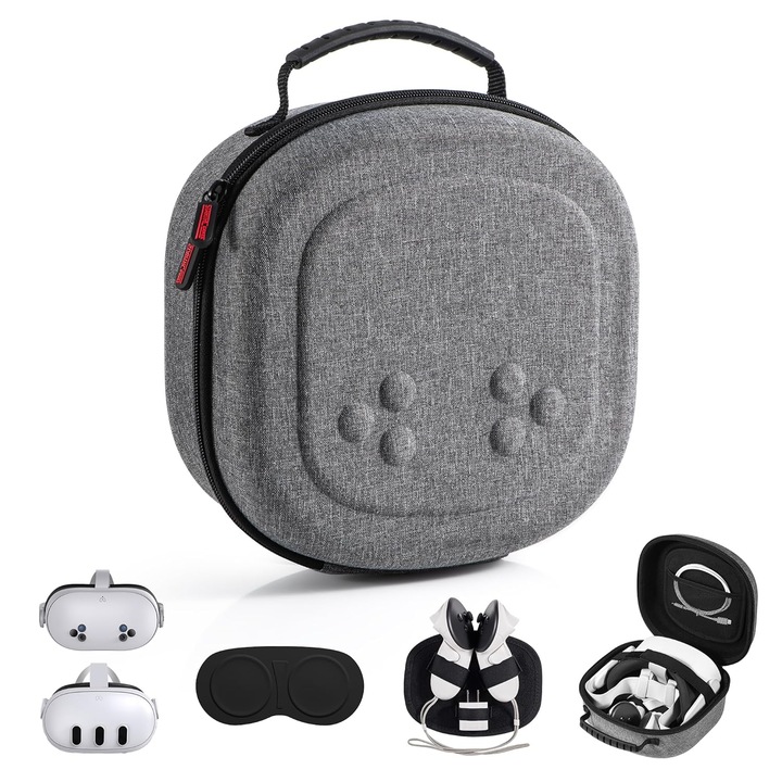 Мини калъф за носене за Meta Quest 3S/Quest 3/Vision Pro, Dussdote, твърд калъф, преносим, голям капацитет, подходящ за пътуване и съхранение у дома, сив