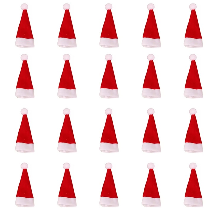 Set 20 suporturi tacamuri model palarii Mos Craciun, decor de Craciun, cadou, pot fi folosite pentru decorarea sticlelor de vin, lollipop-urilor, copacilor de Craciun, papusilor, vase-ului, zmeiilor de zapada, statuetei, decoratiunilor