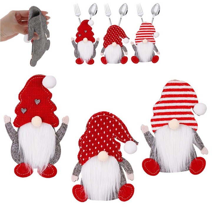 Set 3 suporturi tacamuri Craciun, design pitici fara chip in stil cartoon, panza textila, reutilizabile, potrivite pentru decor masa petrecere de Craciun