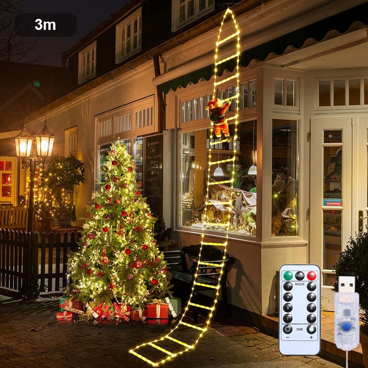 Instalatie LED de Craciun, 3m, lumina calda, 225 de led-uri, 8 feluri moduri, rezistent la apa, model Mos Craciun scaland scari, interior/exterior, fereastra, gradina, perete, decoratie pom de Craciun