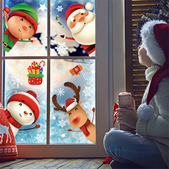 Set 4 sticker pentru geam, Mos Craciun, ren, om de zapada, elf, doua fete, potrivit pentru decorarea Craciunului, Sticker pentru fereastra, 30 x 20 cm, Albastru