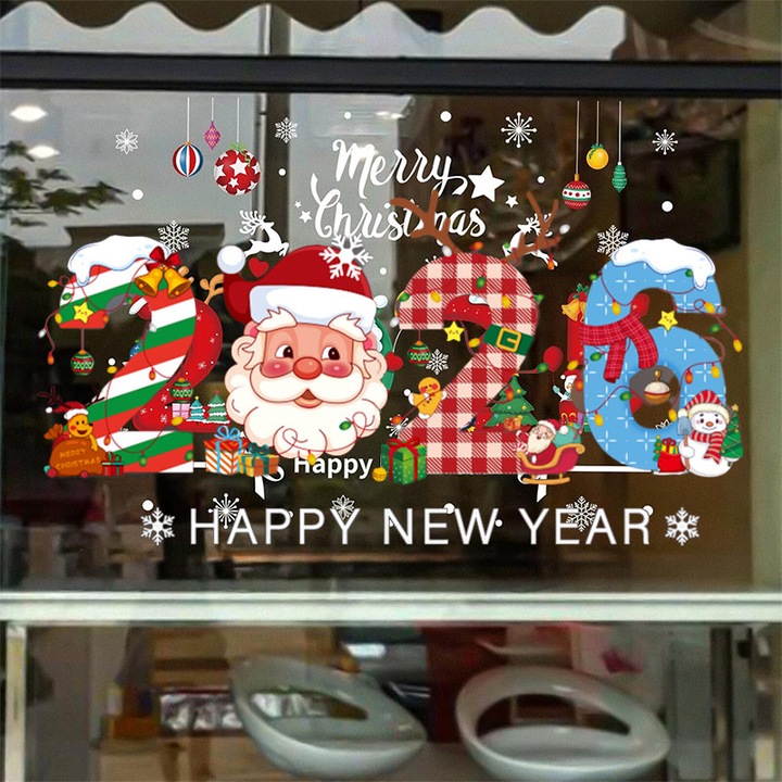 Set de 2 autocolante pentru geam - Mos Craciun, Fulgi de Zapada, Design Iarna Cartoon - Decoratiuni pentru Craciun si Revelion, Autocolante pentru Fereastra