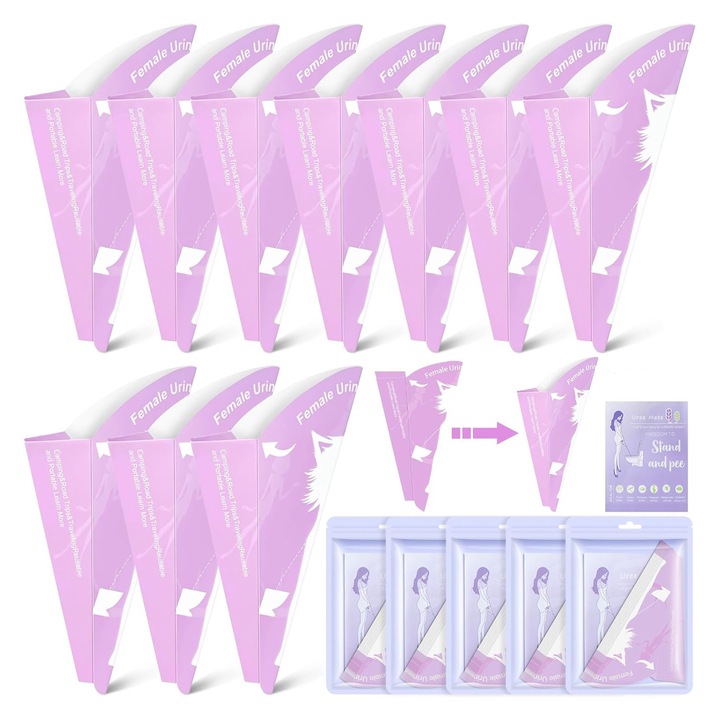 Комплект преносими писоари от 50 части за жени, Axroad Mall, устройство за уриниране за еднократна употреба, дизайн с фуния, лесен за държане, преносим и безопасен, водоустойчив, ергономична форма, за бременни жени, пострадали, PE, 1,5*18,5 см, лилав