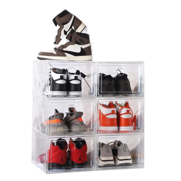 Set 6 cutie de pantofi, Suppop®, Pliabil, pliabile si stivuibile, pentru depozitare eficienta a incaltamintei, montare rapida, Plastic, 33x24x14 cm, Transparent