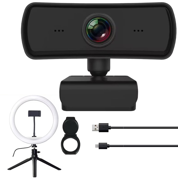 Уеб камера, Axroad Mall, Автофокус, Резолюция 1920 * 1080P, 2 милиона пиксела, USB 2.0, Вграден микрофон, Включен капак за поверителност, Ринг светлина, Статив, Съвместима с XP, Vista, Win7/8/10, Mac и други, 7.5*5.3*4.9см, Черен