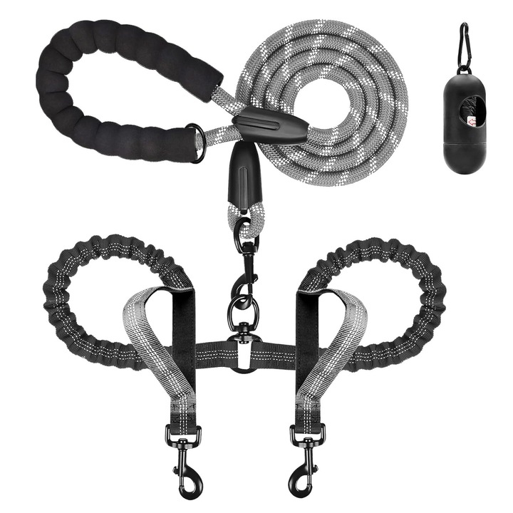 Двоен повод за кучета MUGIM, дръжка за бърз контрол, с дозатор за торбички, въртящ се на 360°, светлоотразителен, еластичен, сив/черен