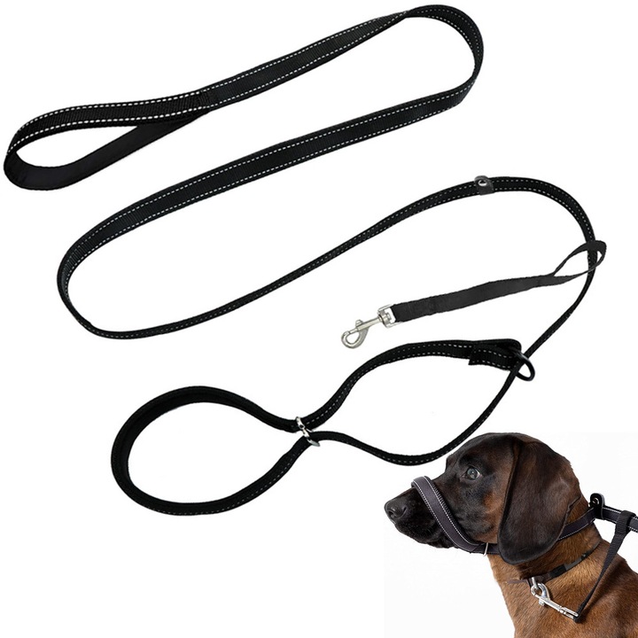 Lesa Multifunctionala cu Botnita tip Curele pentru Caini MUGIM®, in Forma de 8, Capitonata, Reflectanta, 2 in 1 Lesa Inovativa, cu lesa suplimentara, 180cm x 2.5cm, Negru