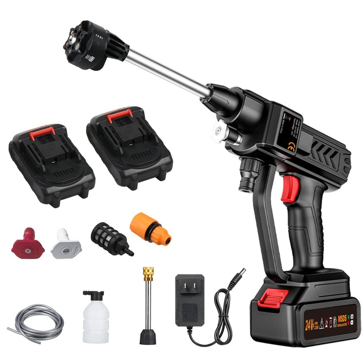 Pistol de spalat cu presiune 300W, 24V, Suppop®, 6 duze, 5m furtun, 2 baterii, 30 bar, Jeturi - 0°, 15°, 25°, 40°, dus si spuma, 30x32x7.5 cm, Negru