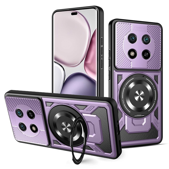 Калъф за Honor Magic 7 Lite TitanX HaloStand Pro с магнитен въртящ се пръстен 360° стойка с карбонова текстура, защита на лещата - лилав
