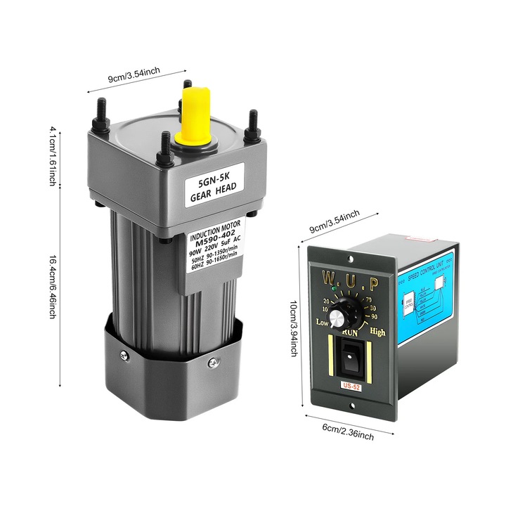 Мотор редуктор, Контролер на скоростта, Висока производителност на въртящия момент, Тъмно сиво, 90W