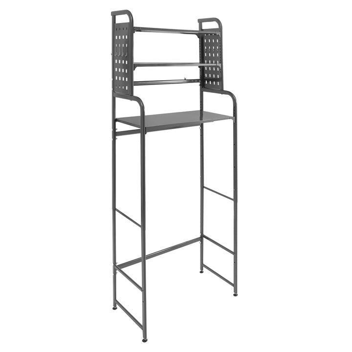 Mosókonyhai polc, Mosógép/szárítógép fölé helyezhető tartó, Kihúzható 54–81 cm, Szénacél, 15 kg polconként, Polcok 35 + 23 cm, Korlát 11 cm, Szürke