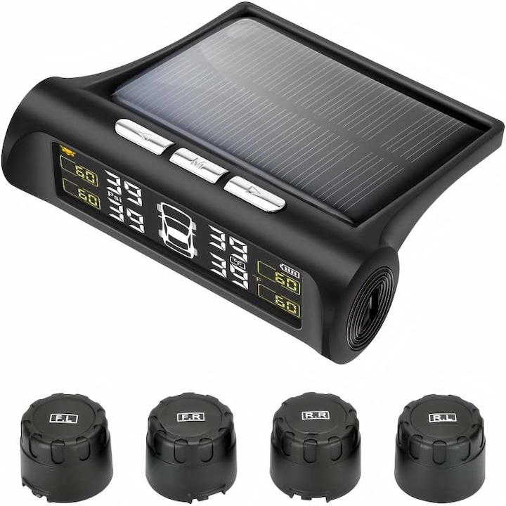 Monitor de presiune pentru anvelope auto, Sistem de monitorizare a presiunii in anvelope TPMS cu incarcator solar, TPMS cu 4 senzori externi si 5 moduri de alarma, display LCD, negru, 10x6.5x3.2cm