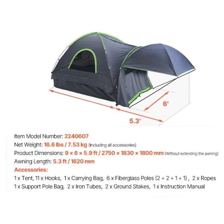 Cort camping pentru pat de camion, impermeabil, spatios pentru 3 persoane, 8.0-8.2ft