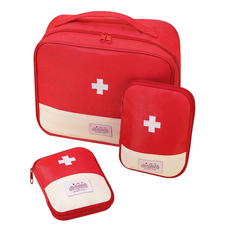 Set Trusa medicala, GOGOU®, 3 buc, 3 dimensiuni, Organizator de calatorie, Textil, Nu include medicamente, Rosu