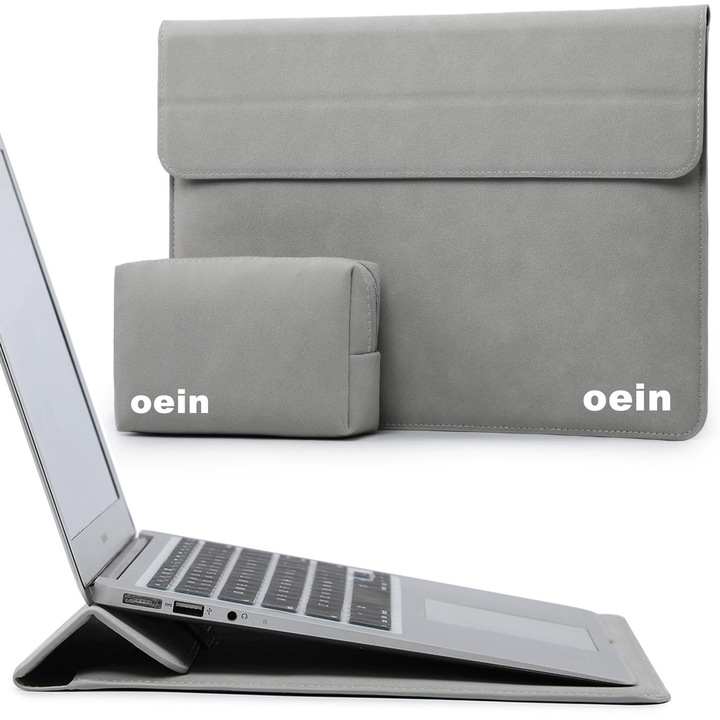 Husa Laptop 13-14 inch, 4 in 1 cu foldable stand, compatibila cu MacBook Air, MacBook Pro, Piele Ecologica, Marime Universala, 28 x 38 cm, Gri titan