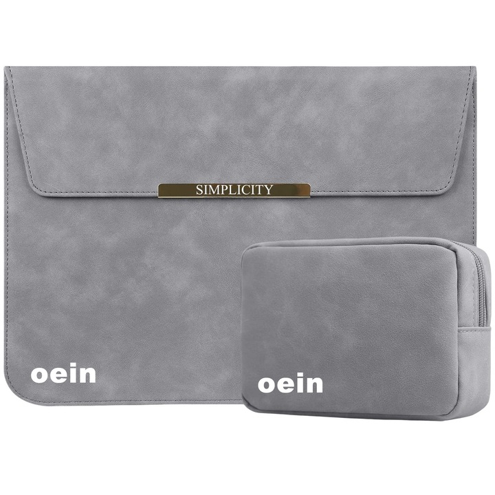Husa Laptop 13-14 inch, Nasture magnetic, compatibila cu MacBook Air, MacBook Pro, Piele PU, Marime Universala, 25 x 34 cm, Gri inchis