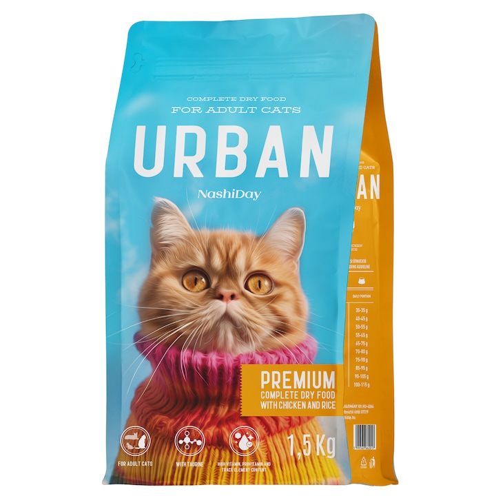 Hrana uscata pentru pisici, Urban, Premium, Pui si Orez, 1.5kg