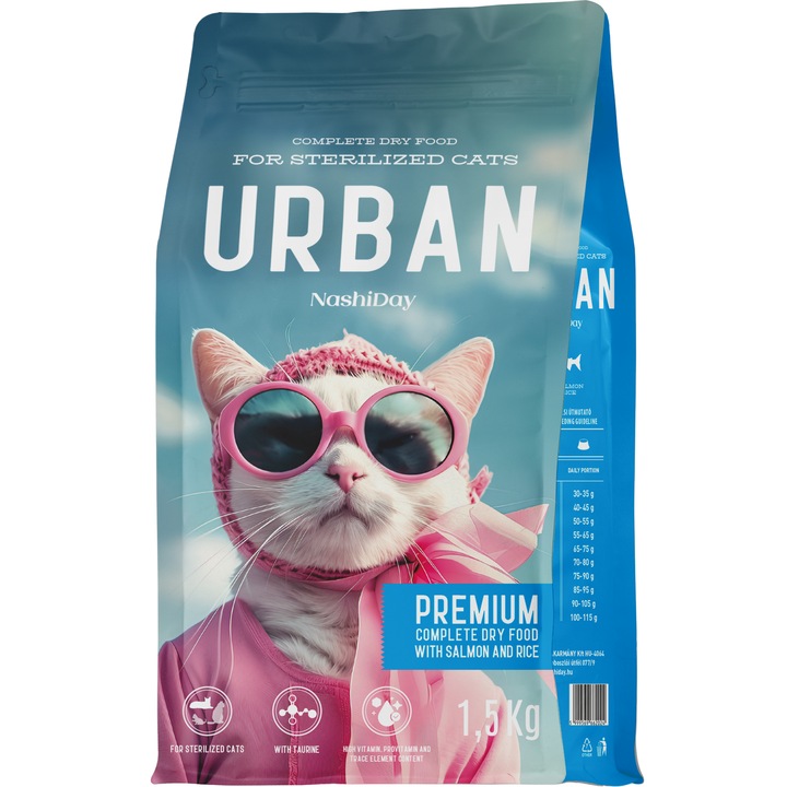 Hrana uscata pentru pisici, Urban, Premium, Sterilizat, Somon si Orez, 1.5kg