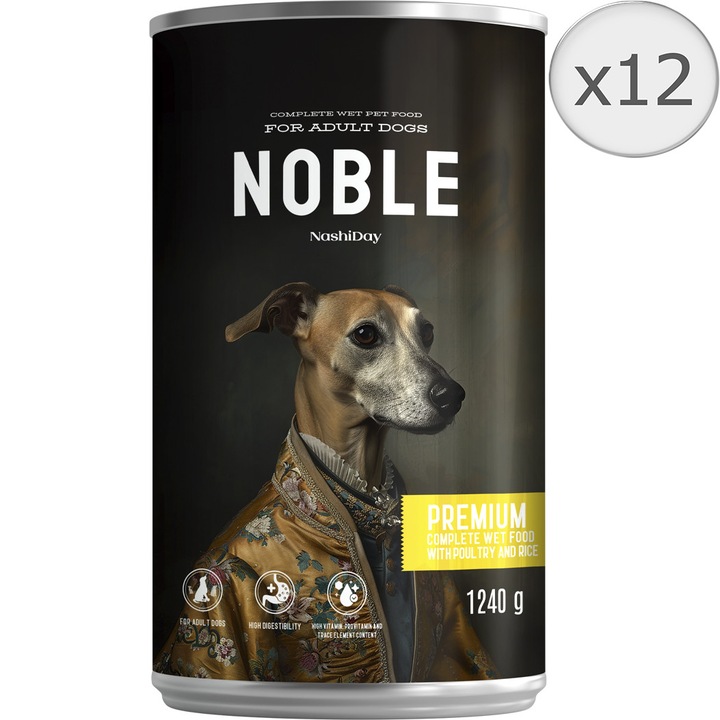 Hrana umeda pentru caini Noble, Premium, Pasare si orez, 12x1240g