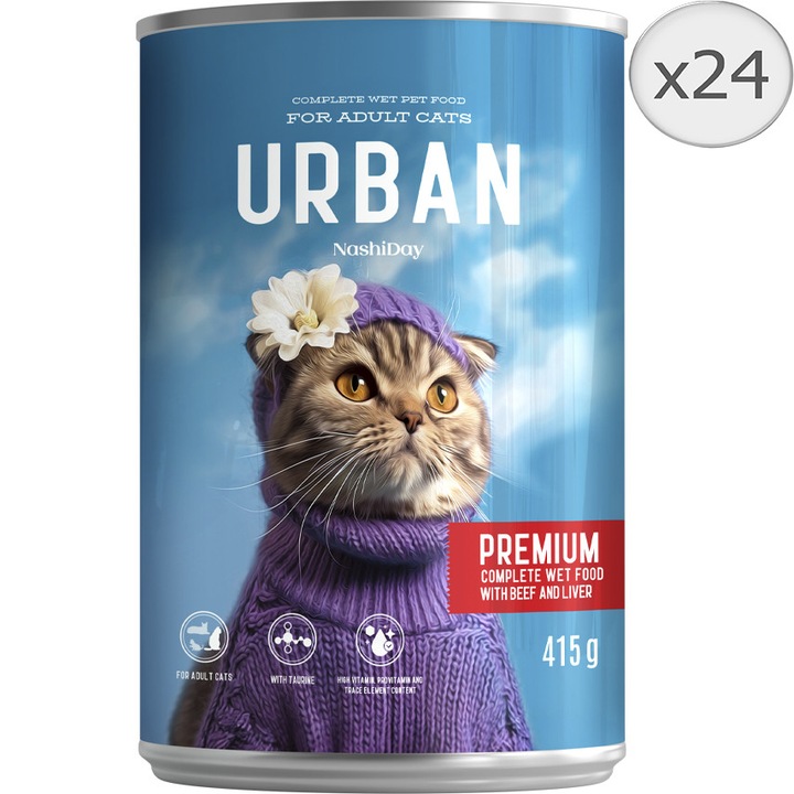 Hrana umeda pentru pisici Urban, Premium, Vita si ficat, 24x415g