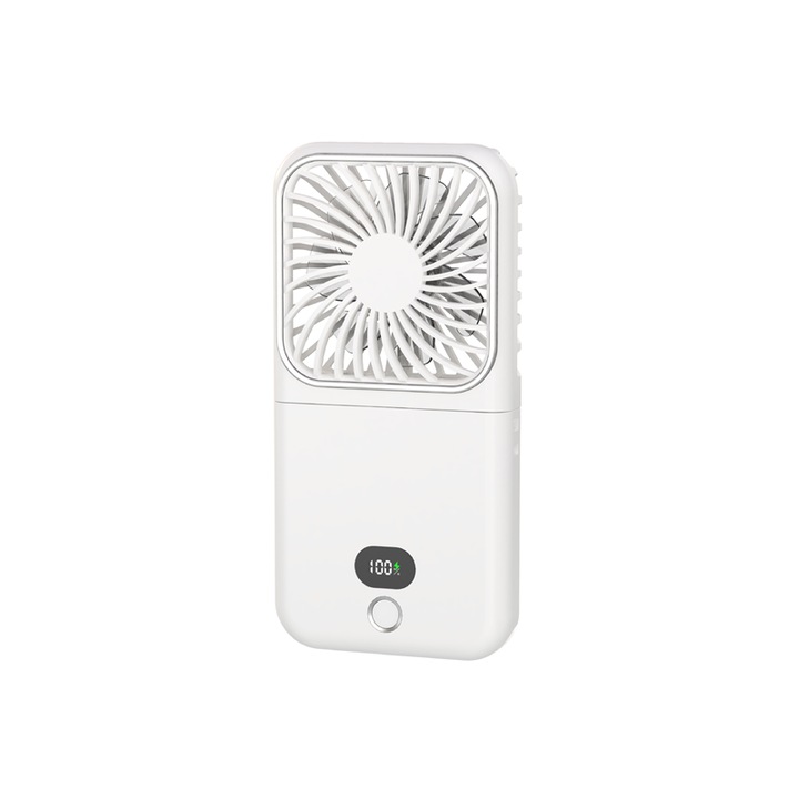 4in1 Multifunkciós Összecsukható Mini Ventillátor DQ260, Fehér, Tükörrel, Powerbank, Telefontartó, 5 sebesség, Digitális kijelző, 158x78x25 mm