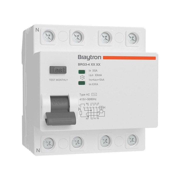 Siguranta cu protectie diferentiala RCCB, 4P, 40A, 30mA, tip AC, 10kA, Braytron
