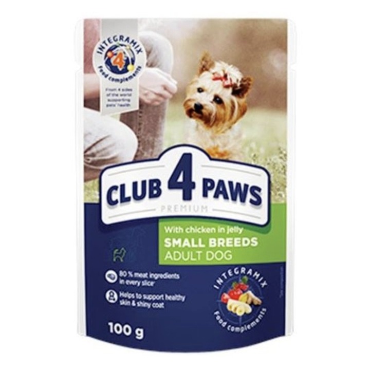 Pachet 10 plicuri 100 g hrana umeda pentru caini adulti de talie mica, Club 4 Paws, pui in jeleu