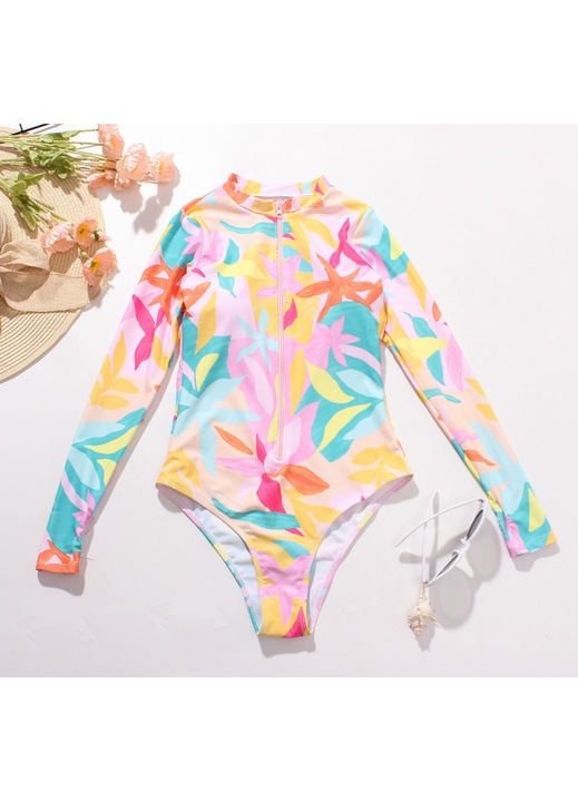 Дамски бански с цип, многоцветен, дълъг ръкав, неоново син, дантела, UNI, стандартен, един размер, INTL