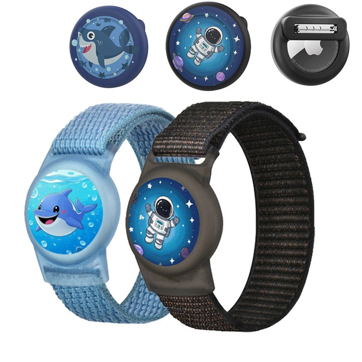 Husa si curea pentru copii, Compatibila cu Apple pentru AirTag, Silicon, Astronautul/Rechinul，Multicolor （4 articole）