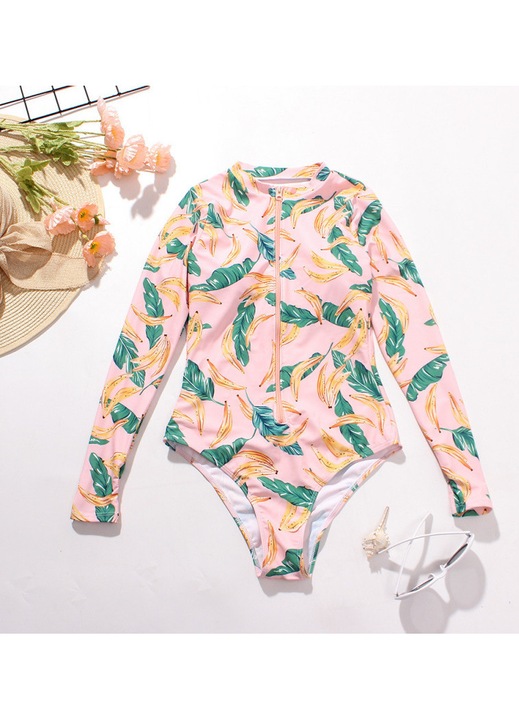 Дамски бански с цип, щампа, многоцветен, дълъг ръкав, ярко розова дантела, UNI Стандартен, един размер INTL