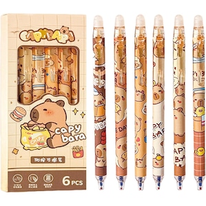 Set 6 Pixuri Retractabile Cute cu Cerneala Stearsa, Design Cartun, 0.5mm, Multicolor, 15.5cm