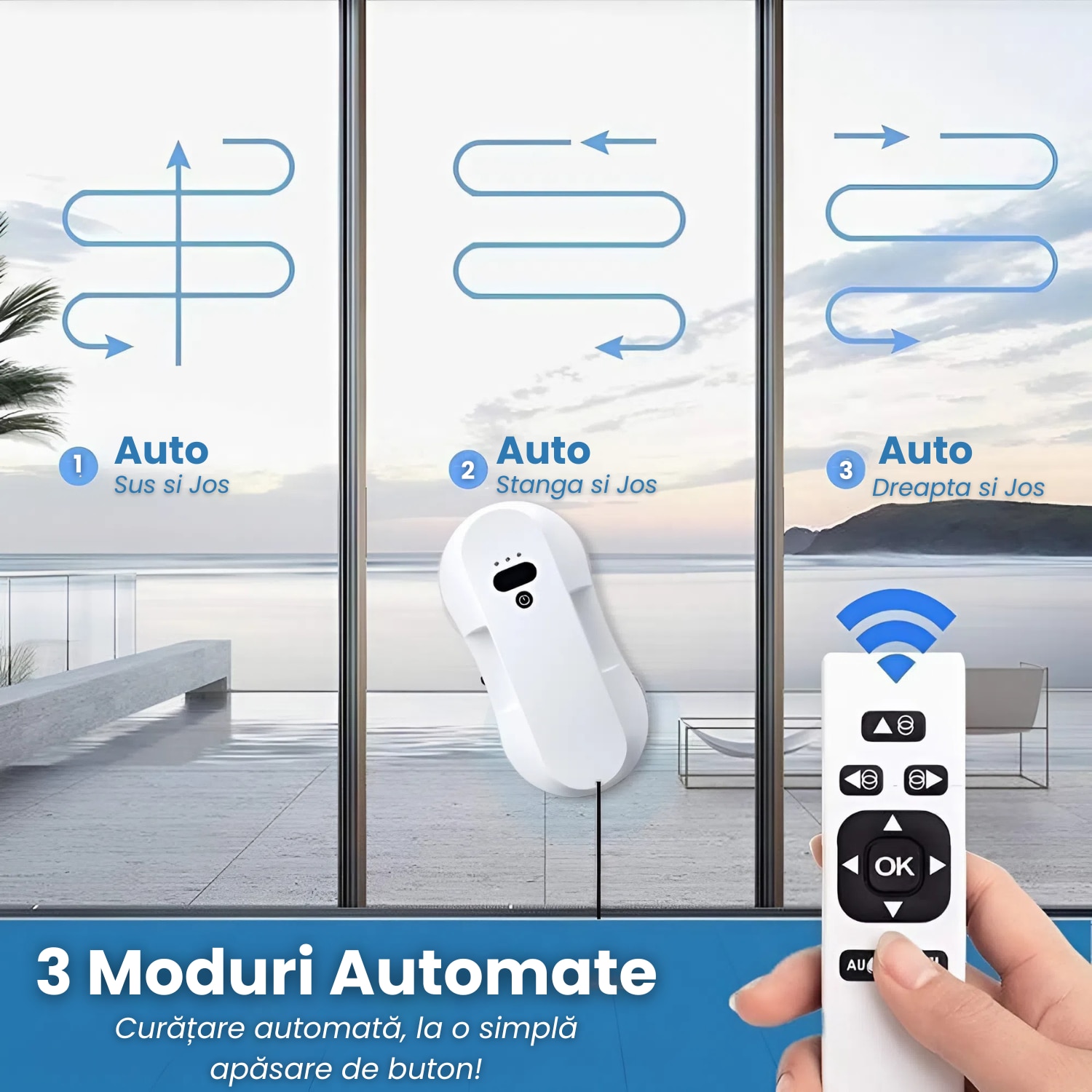 Robot Curatat Geamuri HASEPE, Aspirare Puternica 5800Pa, Pulverizare Automata 50ml, 3 Moduri Auto, Telecomanda, Lavete Microfibra, Sigur pe Geamuri Inalte, Alb