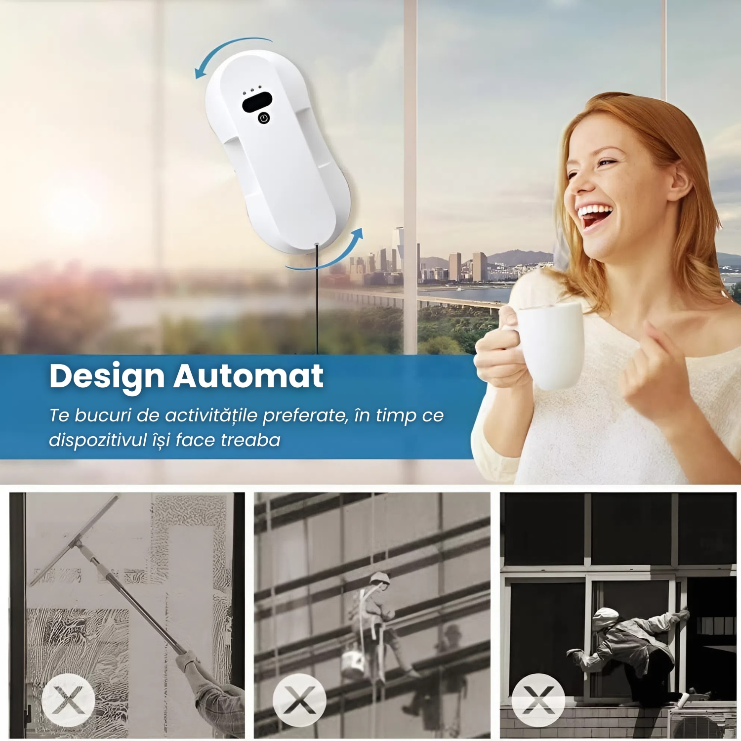 Robot Curatat Geamuri HASEPE, Aspirare Puternica 5800Pa, Pulverizare Automata 50ml, 3 Moduri Auto, Telecomanda, Lavete Microfibra, Sigur pe Geamuri Inalte, Alb