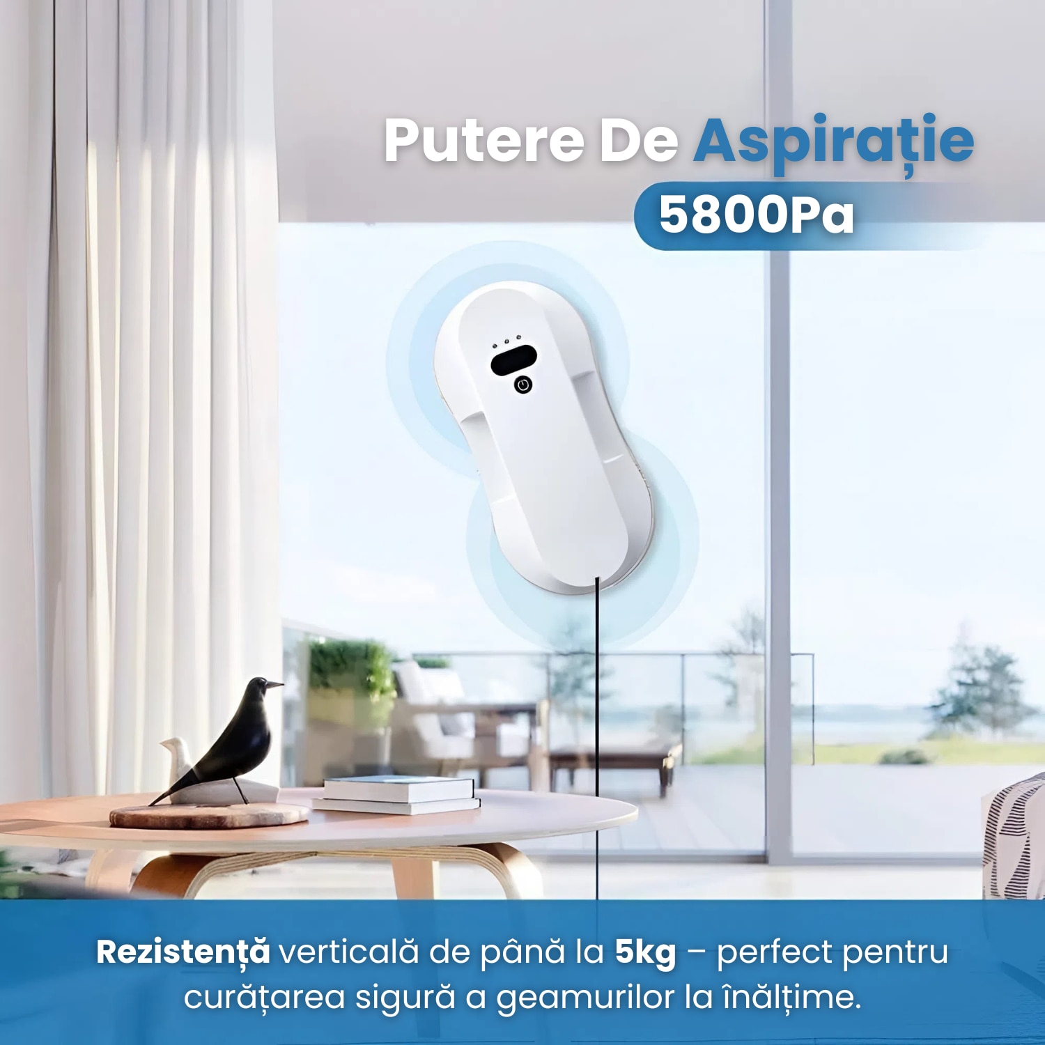 Robot Curatat Geamuri HASEPE, Aspirare Puternica 5800Pa, Pulverizare Automata 50ml, 3 Moduri Auto, Telecomanda, Lavete Microfibra, Sigur pe Geamuri Inalte, Alb