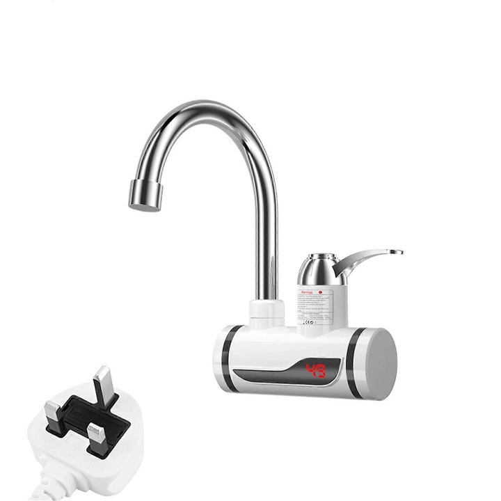 Robinet de apa calda instant, 18x15x6cm, alb si argintiu, cu display LED, pentru bucatarie