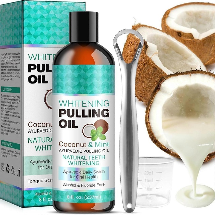 Apa de gura cu ulei de cocos si menta, set cu racleta, 237ml