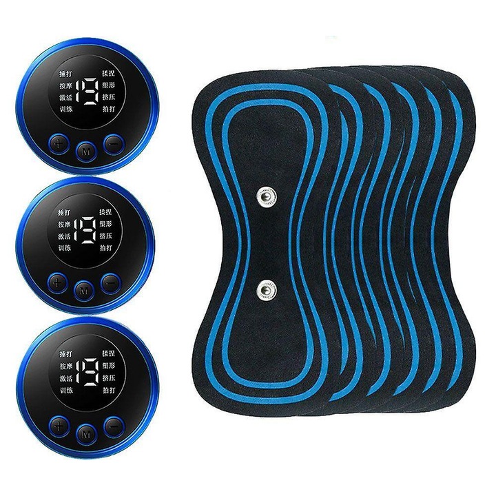 Masaj cervical reincarcabil cu 8 moduri, 19 trepte, set 3 aparate + 6 patch-uri, albastru/negru, dimensiuni mici