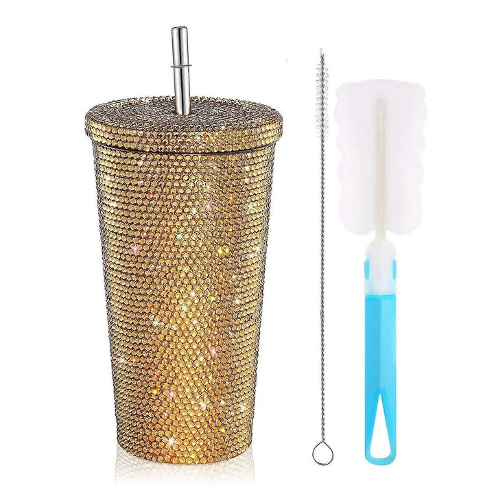 Pahar termic din inox cu strasuri, capacitate 750ml, design stralucitor, aurie