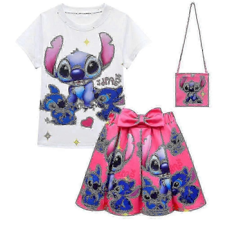 Set fetite 6-10 ani, Lilo si Stitch, bluza, fusta plisata, genti, rosu roz, 6-7 ani