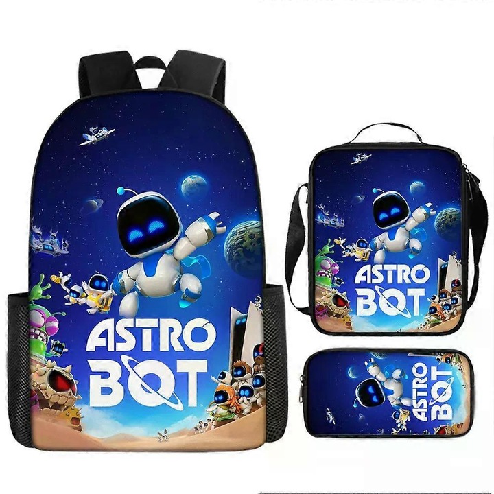 Ghiozdan scolar Astro Bot, set cu penar si geanta de umar, multicolor